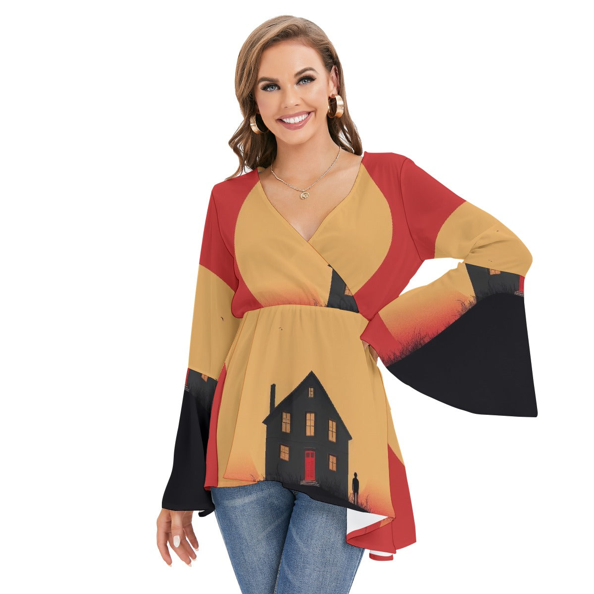 All-Over Print Women's V-neck Blouse With Flared Sleeves
