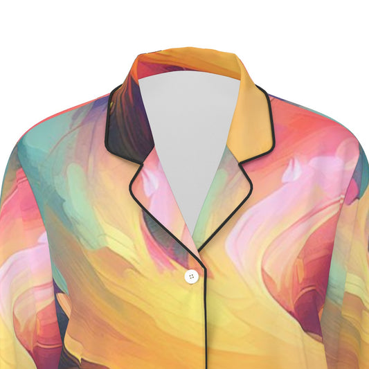 All-Over Print Women's Long Sleeve Pajama Set With Black Contrast Piping