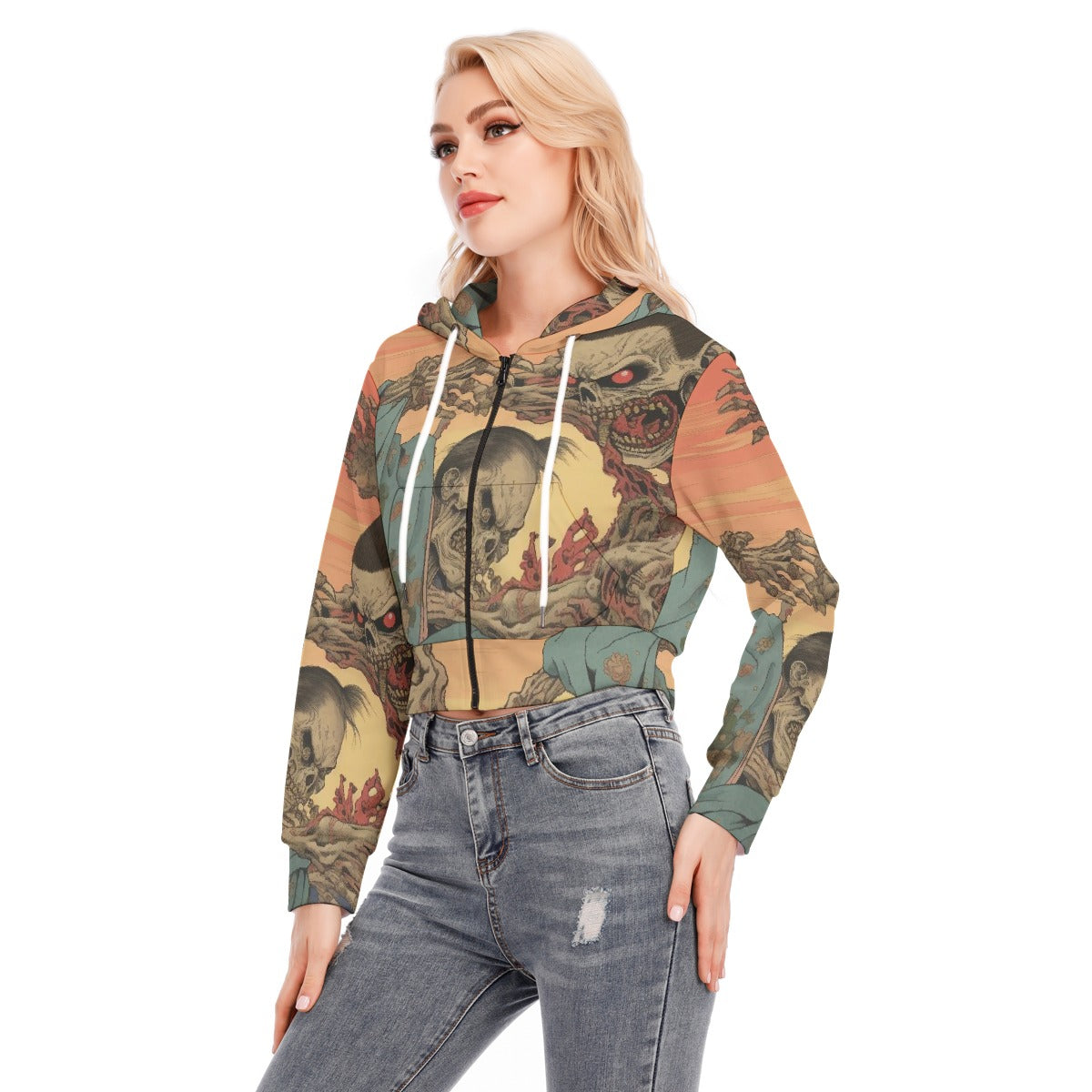 All-Over Print Women's Crop Top Hoodie With Zipper Closure