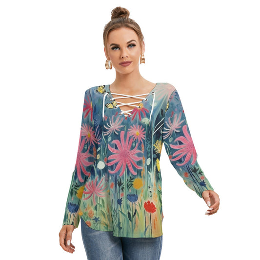 All-Over Print Women's Long Sleeve Neckline Tie Sweatshirt