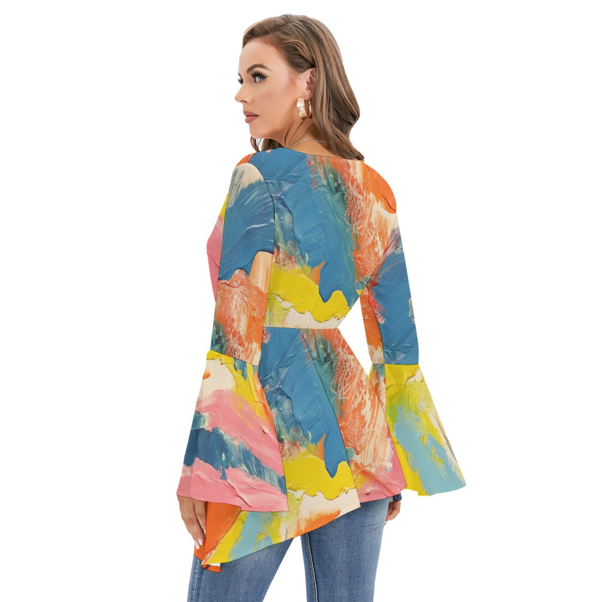 All-Over Print Women's V-neck Blouse With Flared Sleeves