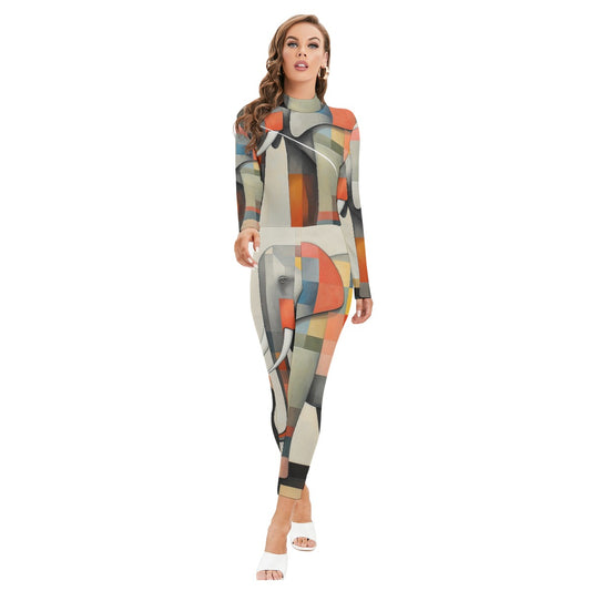 All-Over Print Women's Long-sleeved High-neck Jumpsuit With Zipper