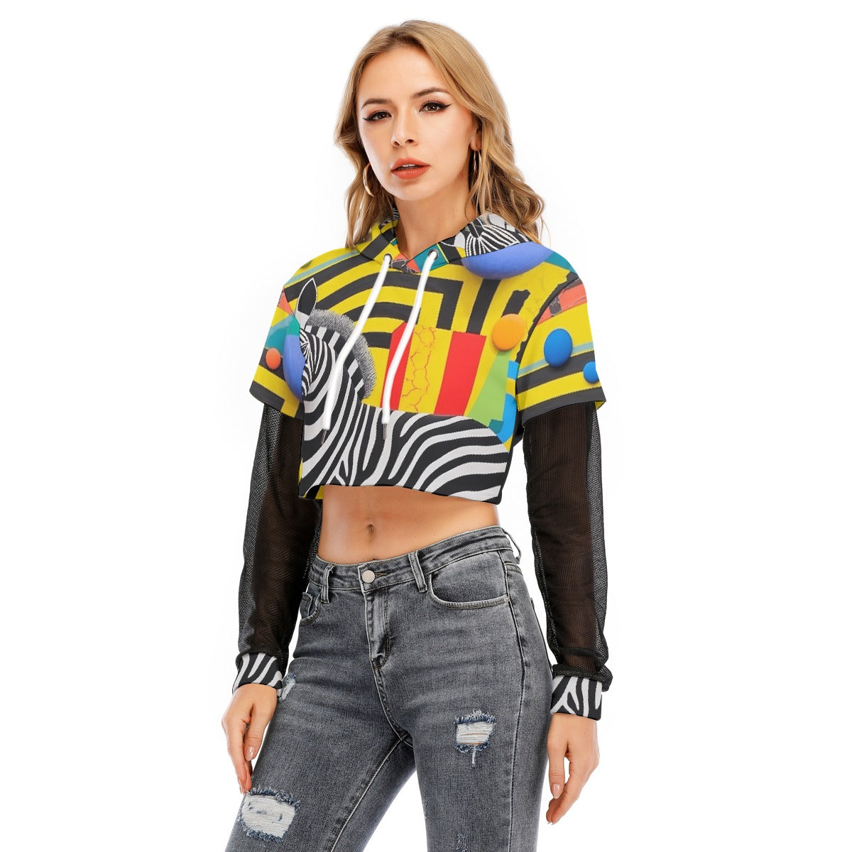 All-Over Print Women's Fake Two-piece Mesh Sleeve Cropped Hoodie