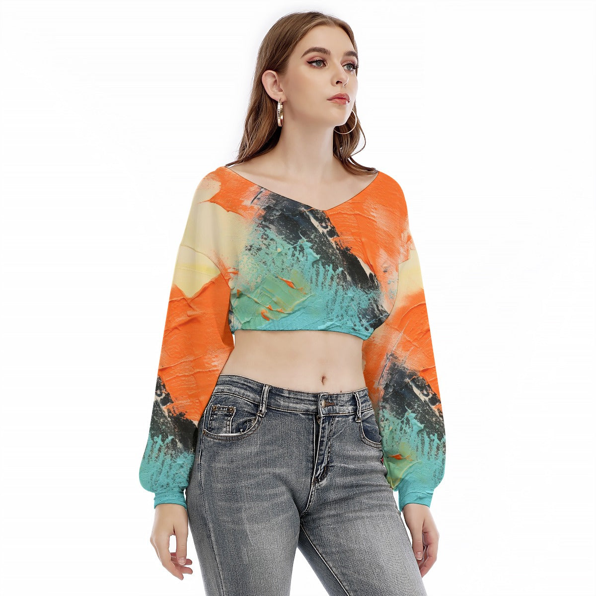 All-Over Print Women's V-neck Long Sleeve Cropped Sweatshirt
