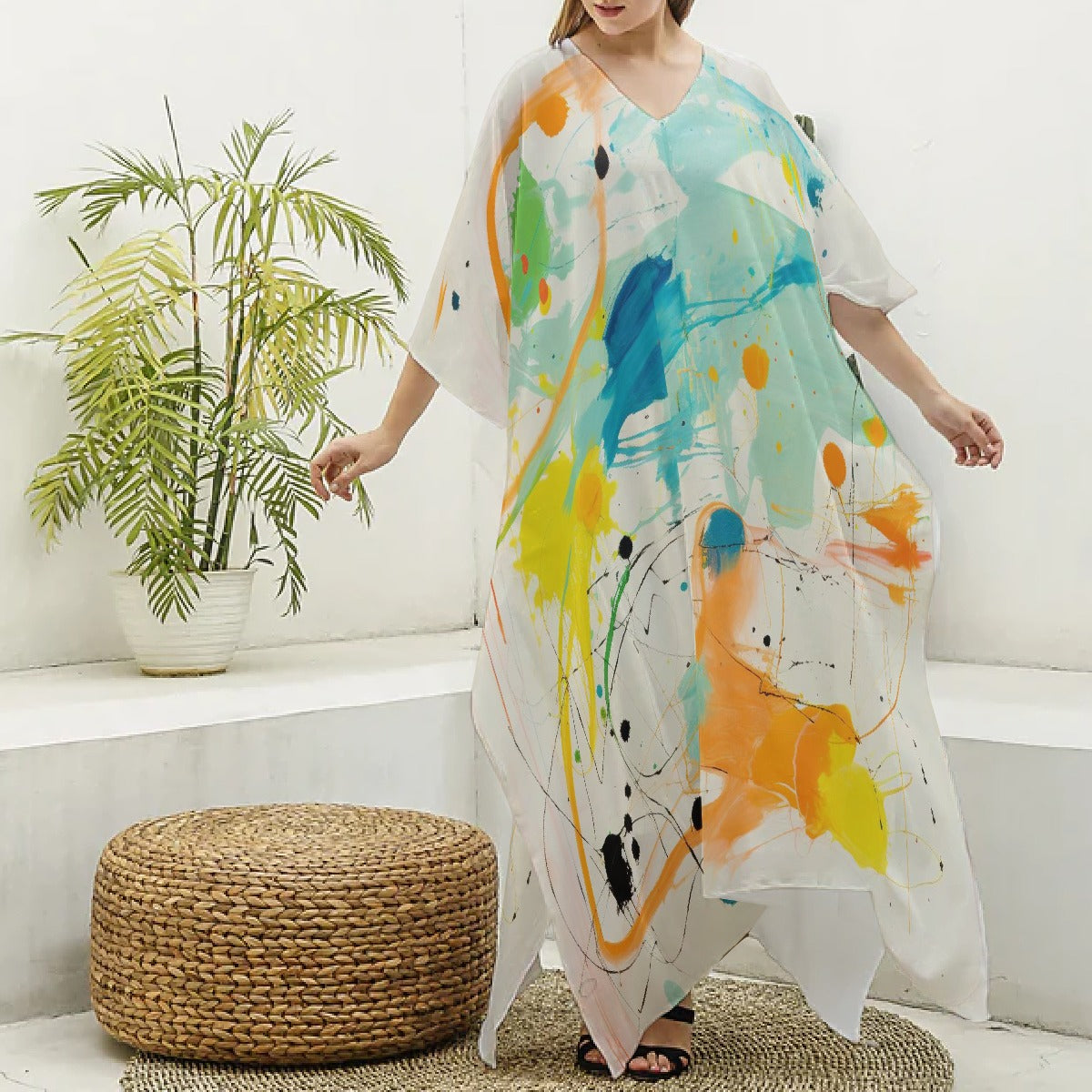 All-Over Print Women's Imitation Silk V-neck Kaftan Robe