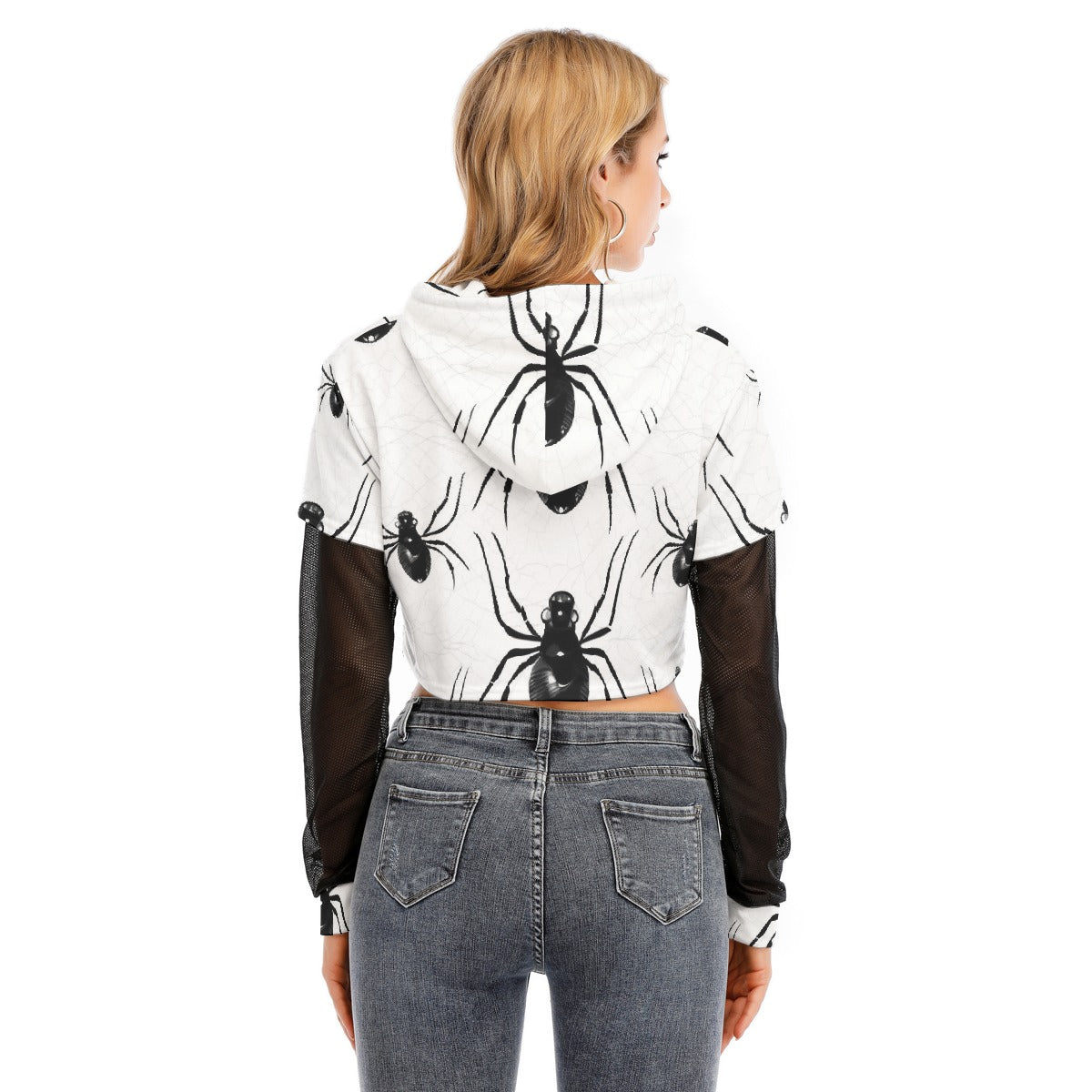 All-Over Print Women's Fake Two-piece Mesh Sleeve Cropped Hoodie