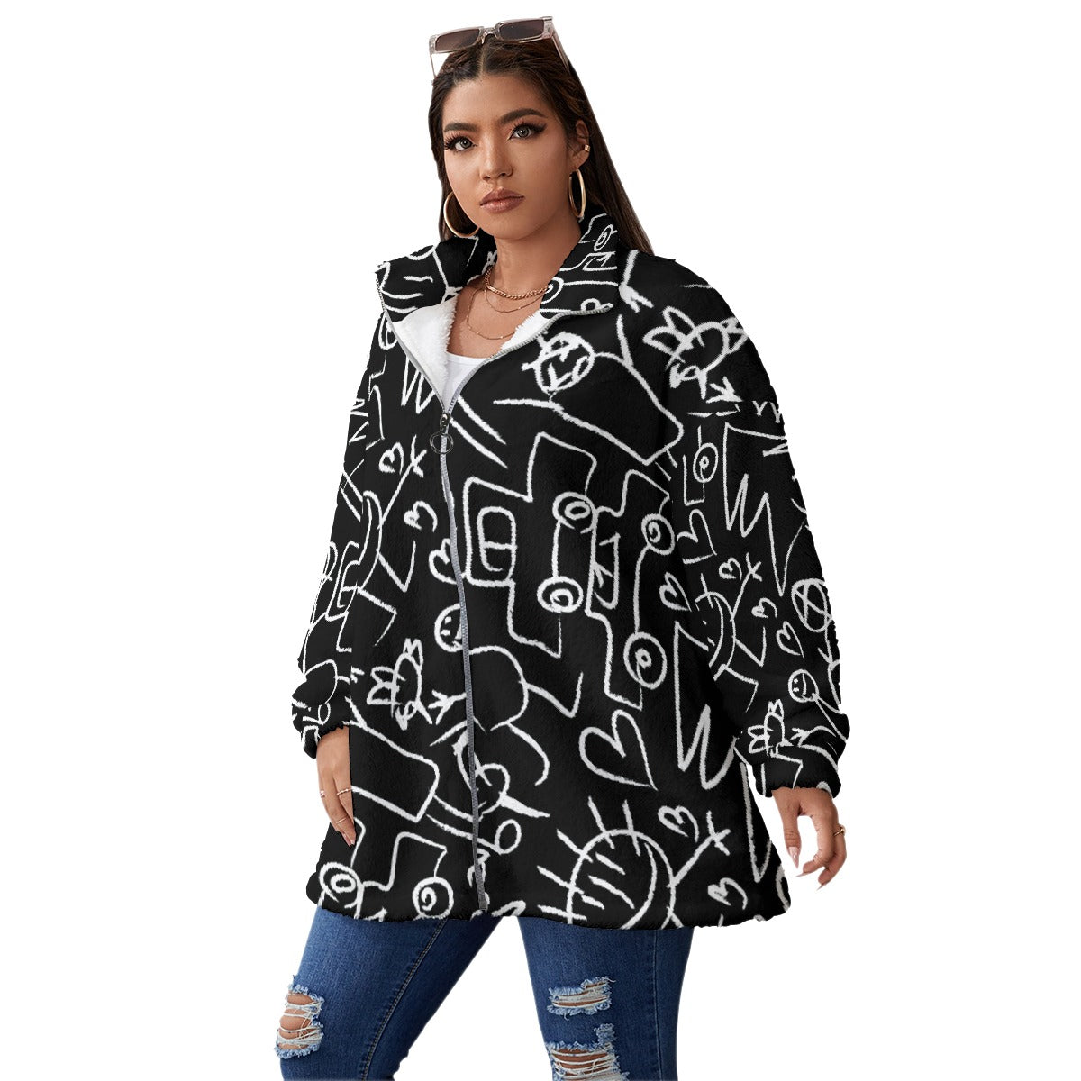 All-Over Print Unisex Borg Fleece Stand-up Collar Coat With Zipper Closure(Plus Size)