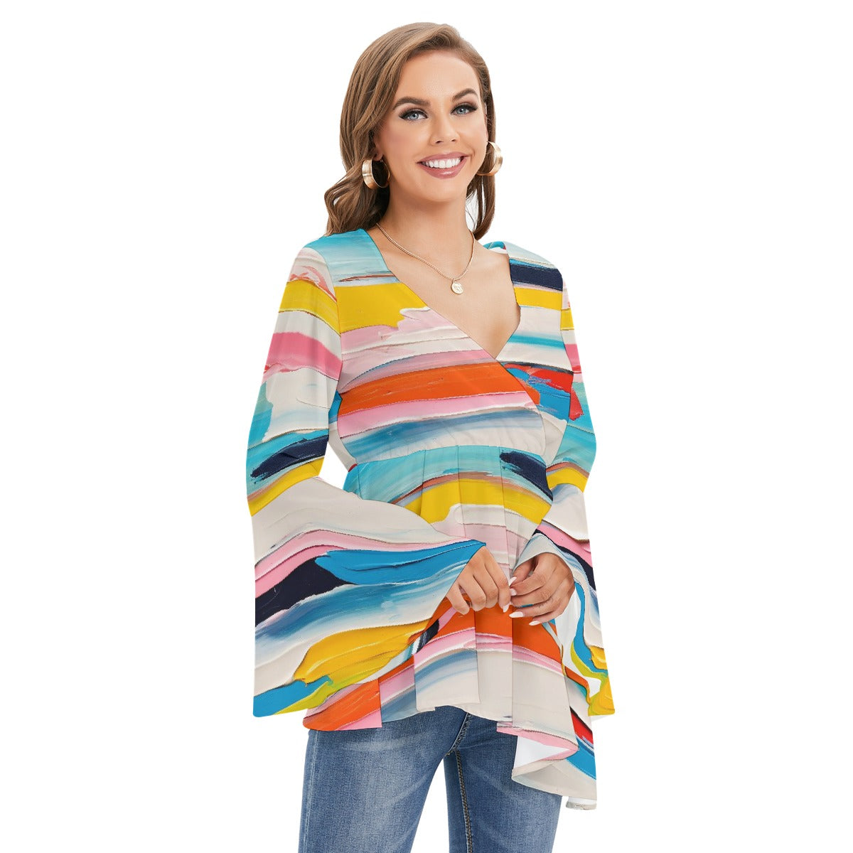 All-Over Print Women's V-neck Blouse With Flared Sleeves