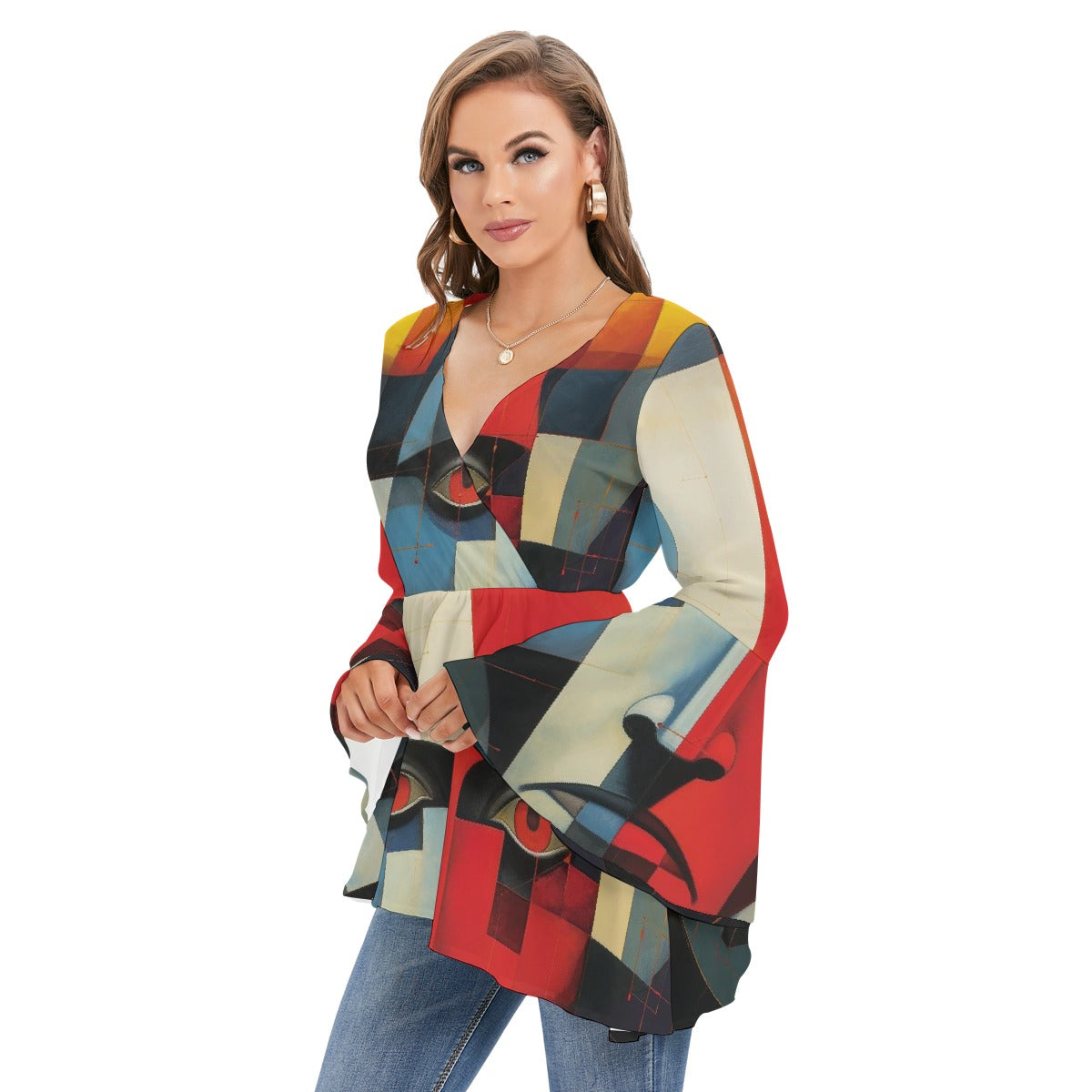 All-Over Print Women's V-neck Blouse With Flared Sleeves