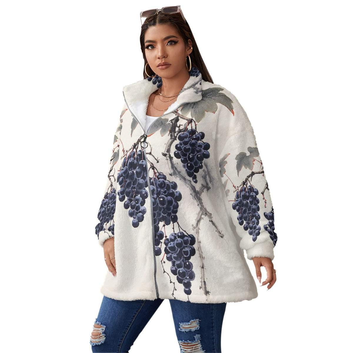 All-Over Print Unisex Borg Fleece Stand-up Collar Coat With Zipper Closure(Plus Size)