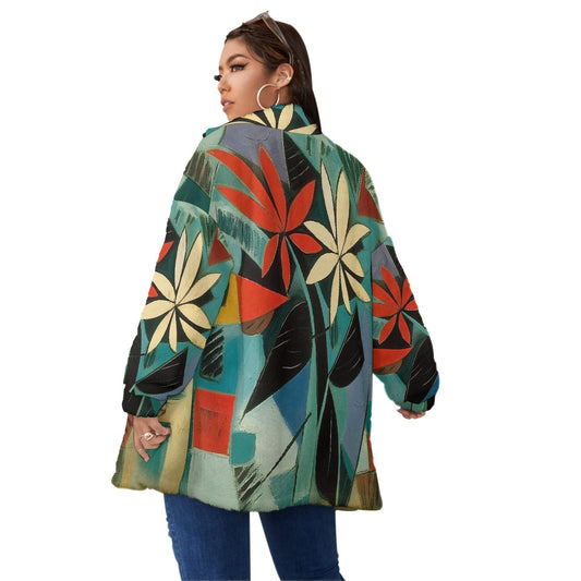 All-Over Print Unisex Borg Fleece Stand-up Collar Coat With Zipper Closure(Plus Size)