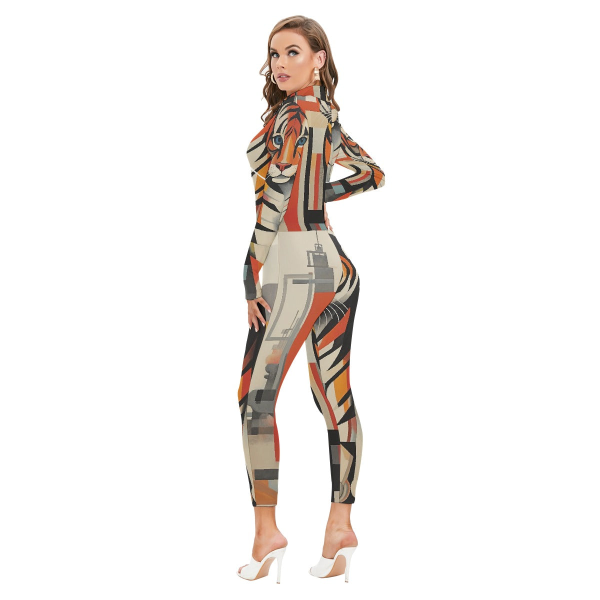 All-Over Print Women's Long-sleeved High-neck Jumpsuit With Zipper