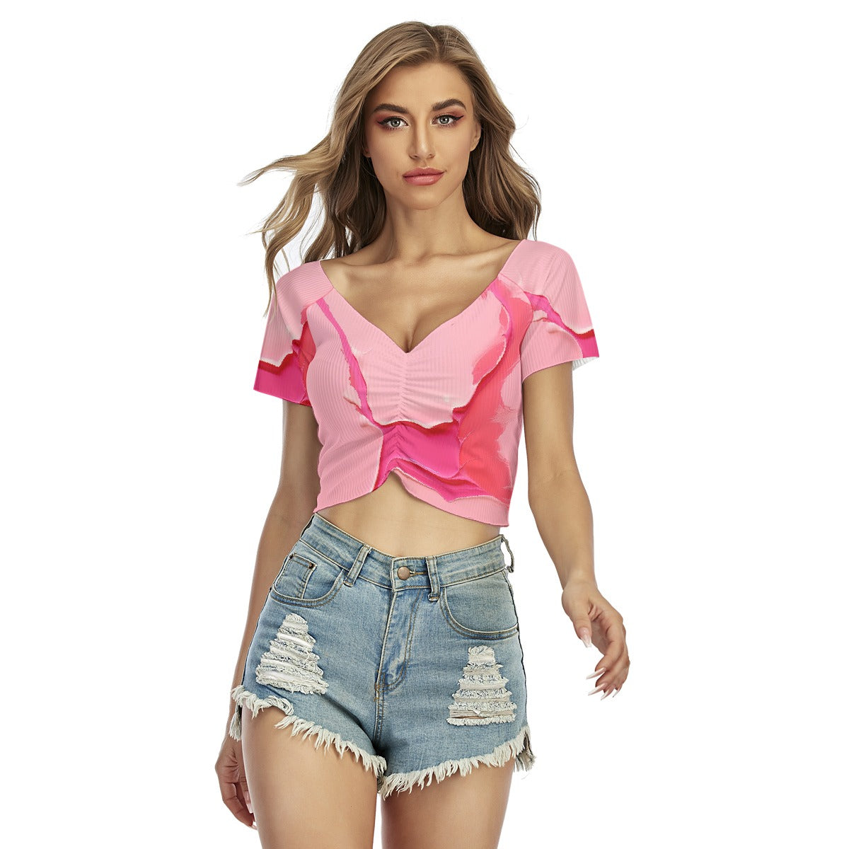 All-Over Print Women's Raglan Drawstring Front  Crop Tee