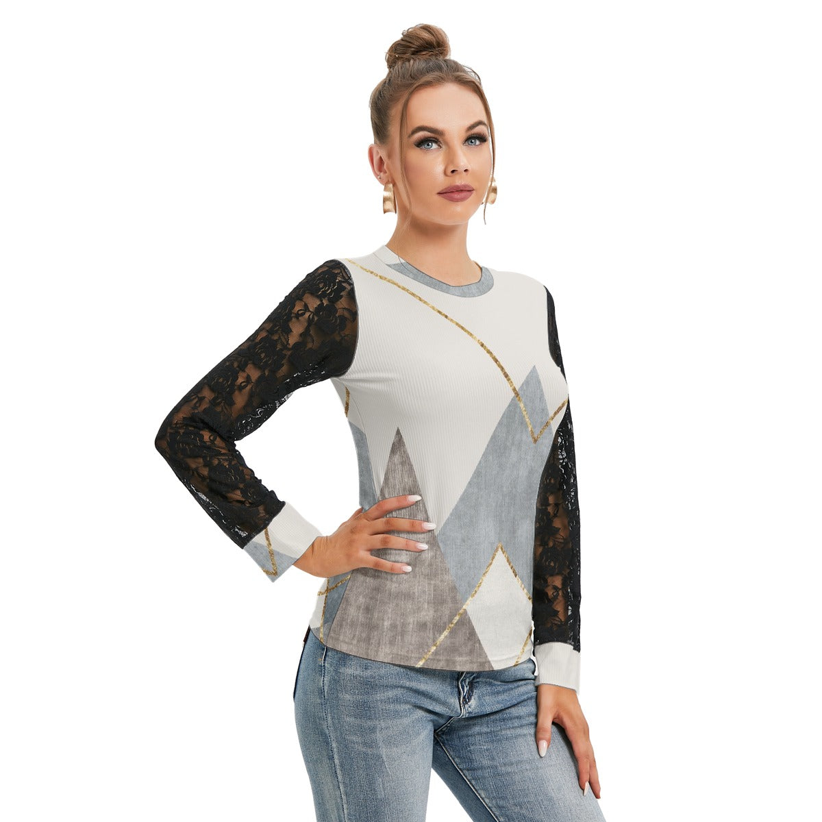 All-Over Print Women's T-shirt And Sleeve With Black Lace