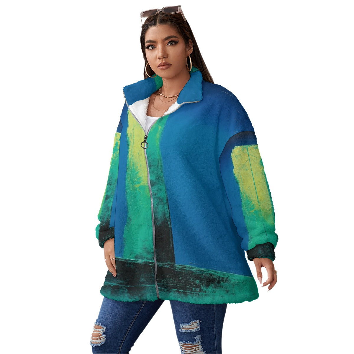 All-Over Print Unisex Borg Fleece Stand-up Collar Coat With Zipper Closure(Plus Size)