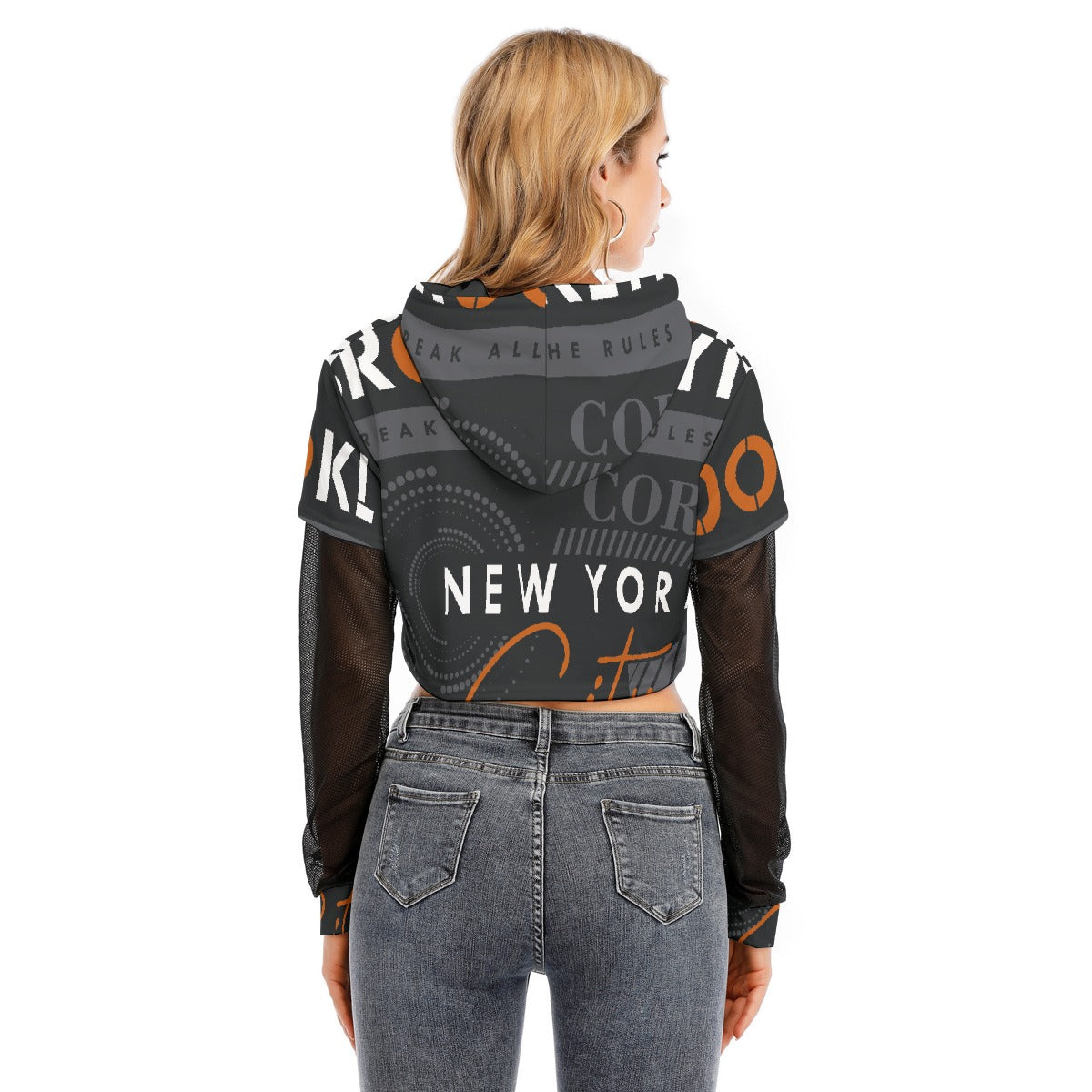 All-Over Print Women's Fake Two-piece Mesh Sleeve Cropped Hoodie