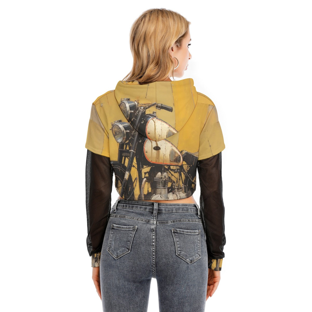 All-Over Print Women's Fake Two-piece Mesh Sleeve Cropped Hoodie