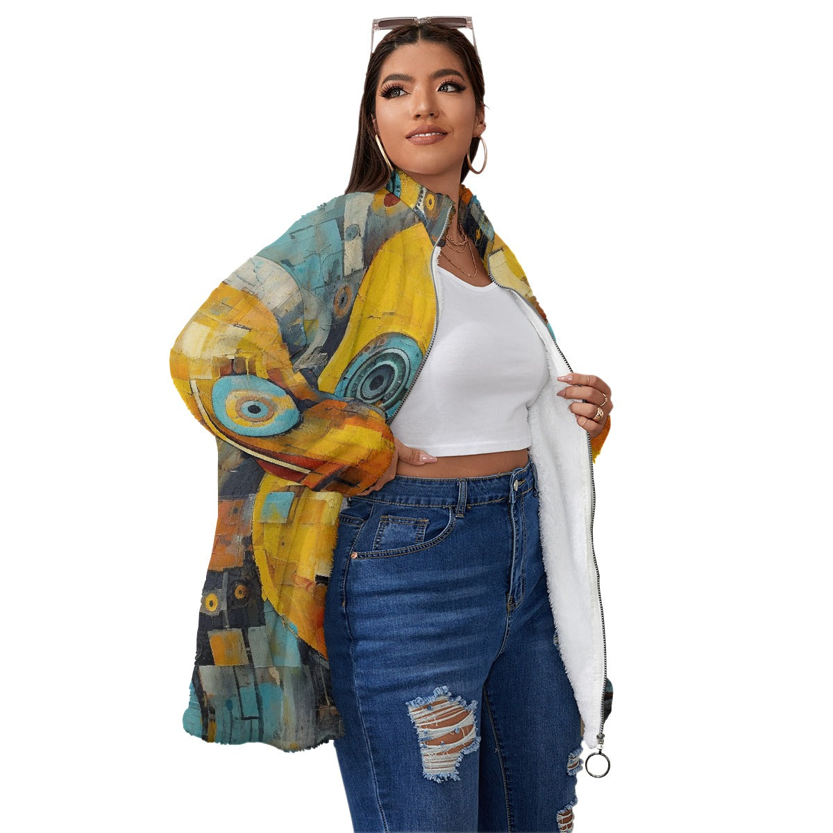 All-Over Print Unisex Borg Fleece Stand-up Collar Coat With Zipper Closure(Plus Size)