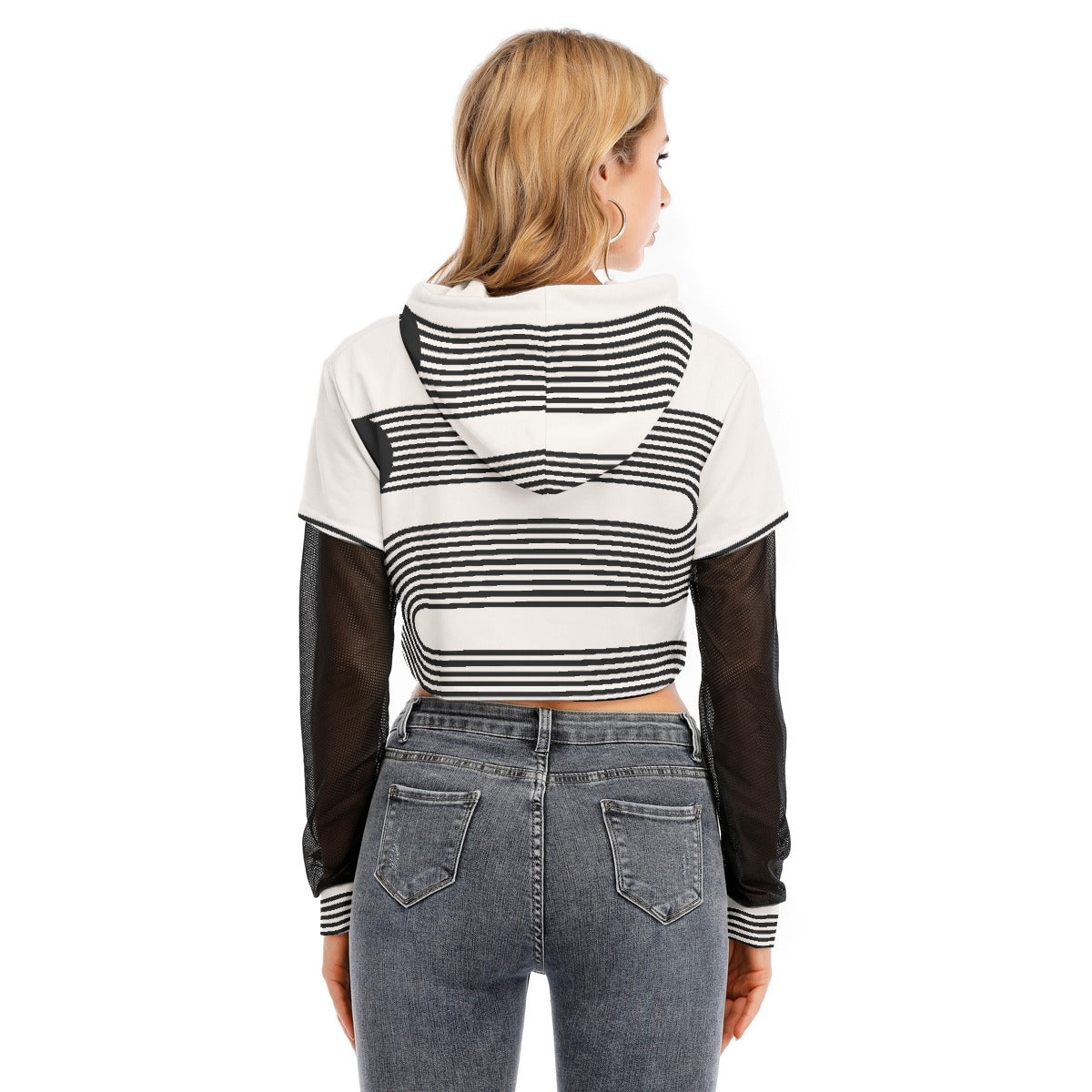 All-Over Print Women's Fake Two-piece Mesh Sleeve Cropped Hoodie