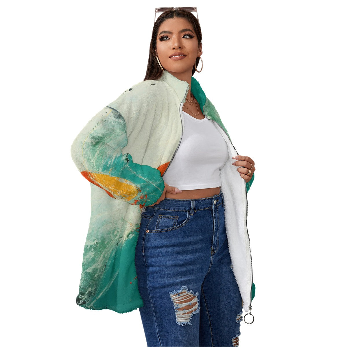 All-Over Print Unisex Borg Fleece Stand-up Collar Coat With Zipper Closure(Plus Size)