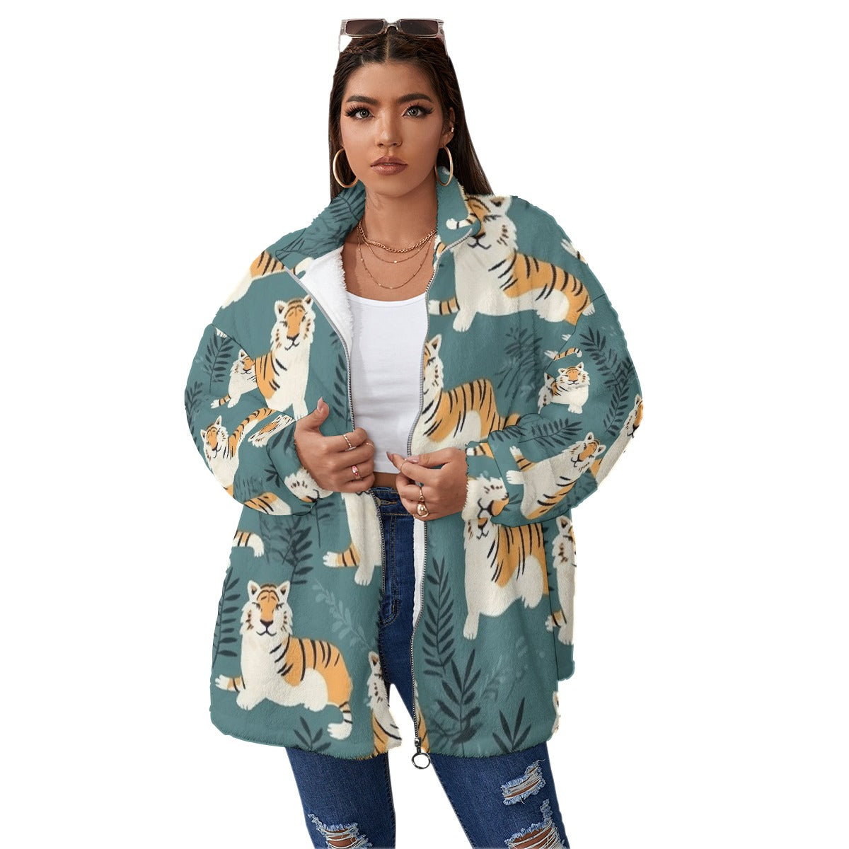 All-Over Print Unisex Borg Fleece Stand-up Collar Coat With Zipper Closure(Plus Size)