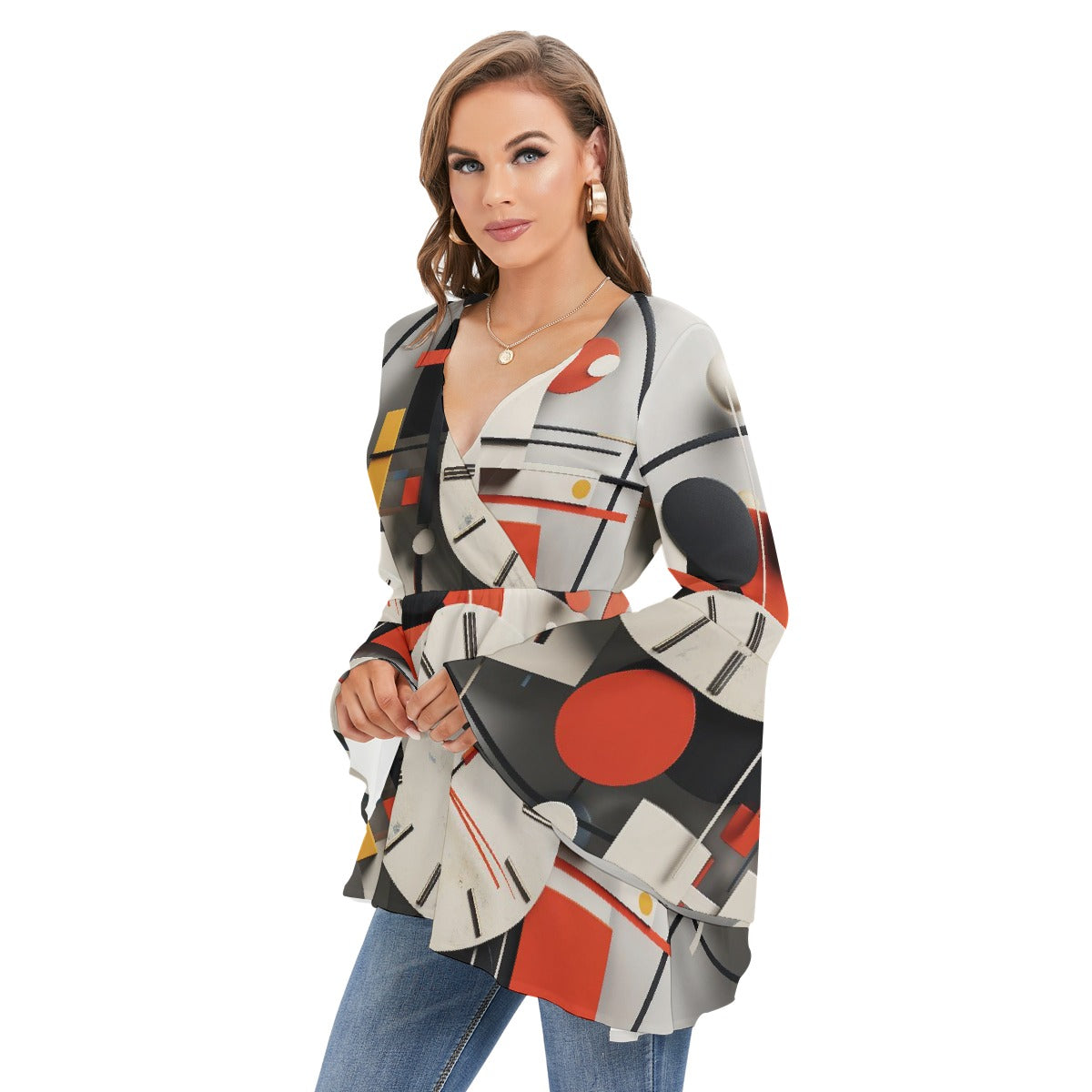 All-Over Print Women's V-neck Blouse With Flared Sleeves