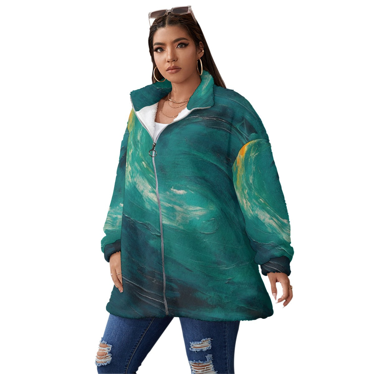 All-Over Print Unisex Borg Fleece Stand-up Collar Coat With Zipper Closure(Plus Size)