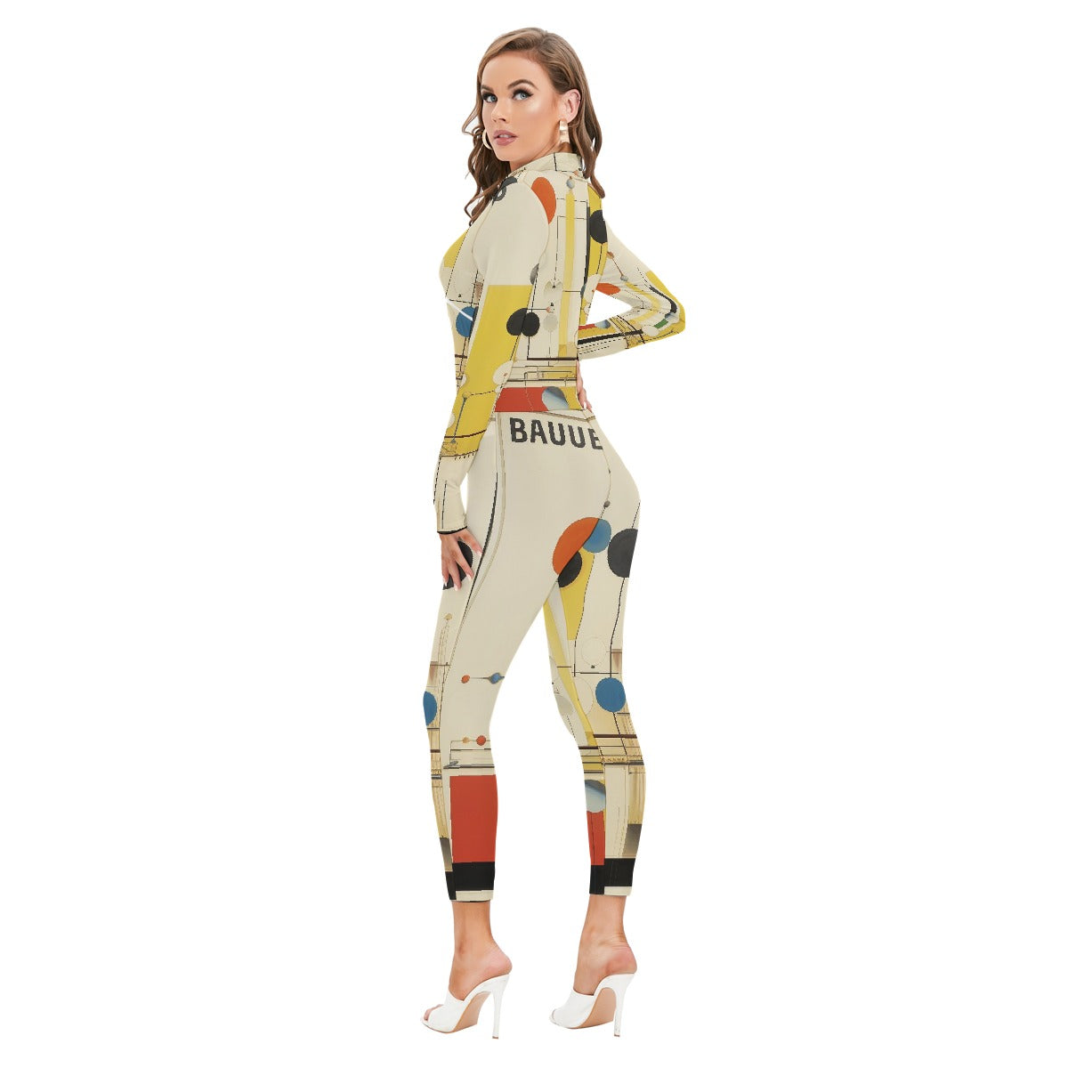 All-Over Print Women's Long-sleeved High-neck Jumpsuit With Zipper