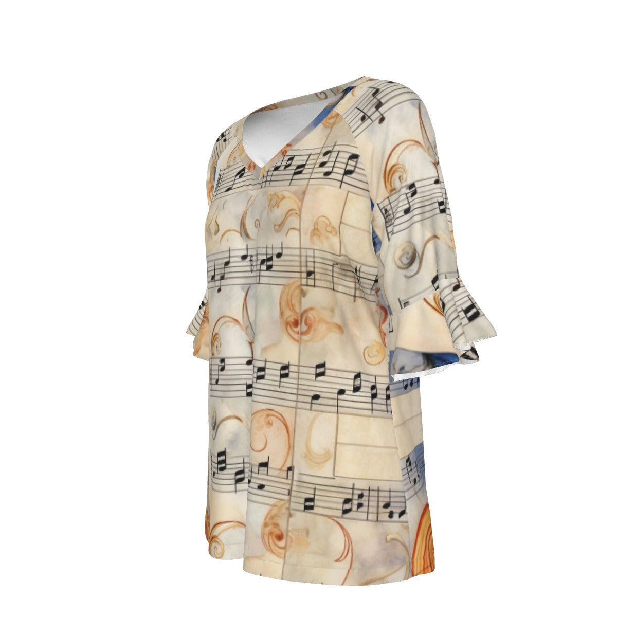 All-Over Print V-neck Women's T-shirt With Bell Sleeve