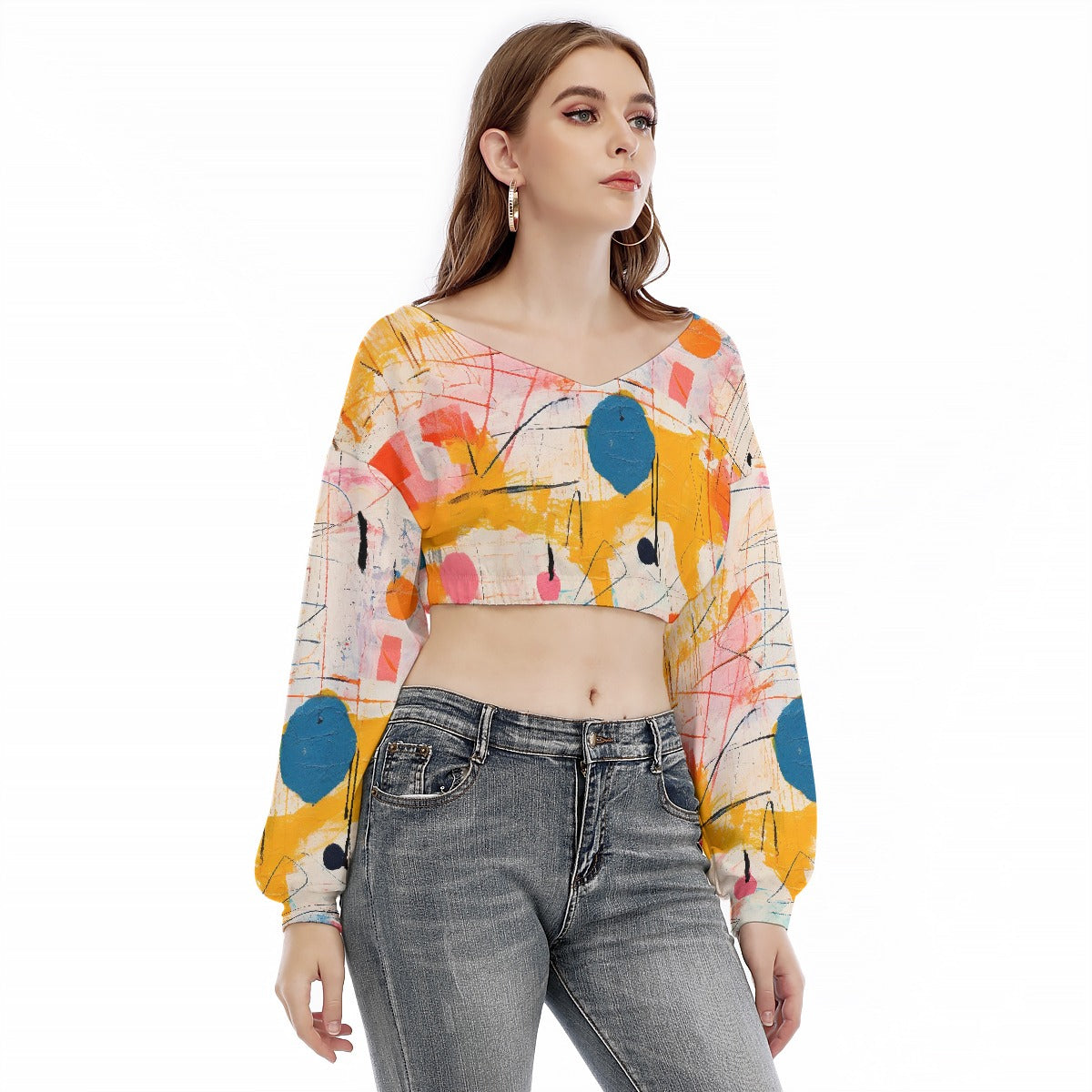 All-Over Print Women's V-neck Long Sleeve Cropped Sweatshirt