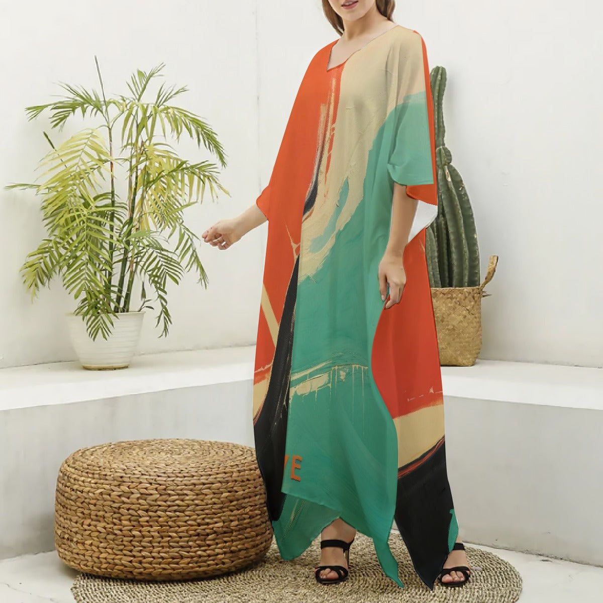 All-Over Print Women's Imitation Silk V-neck Kaftan Robe