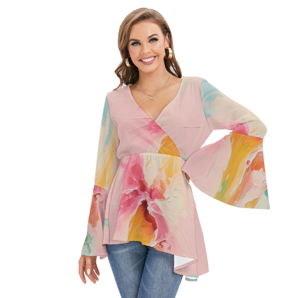 All-Over Print Women's V-neck Blouse With Flared Sleeves