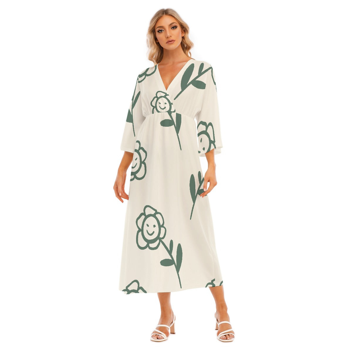 All-Over Print Women's Mid-Sleeve Long Dress