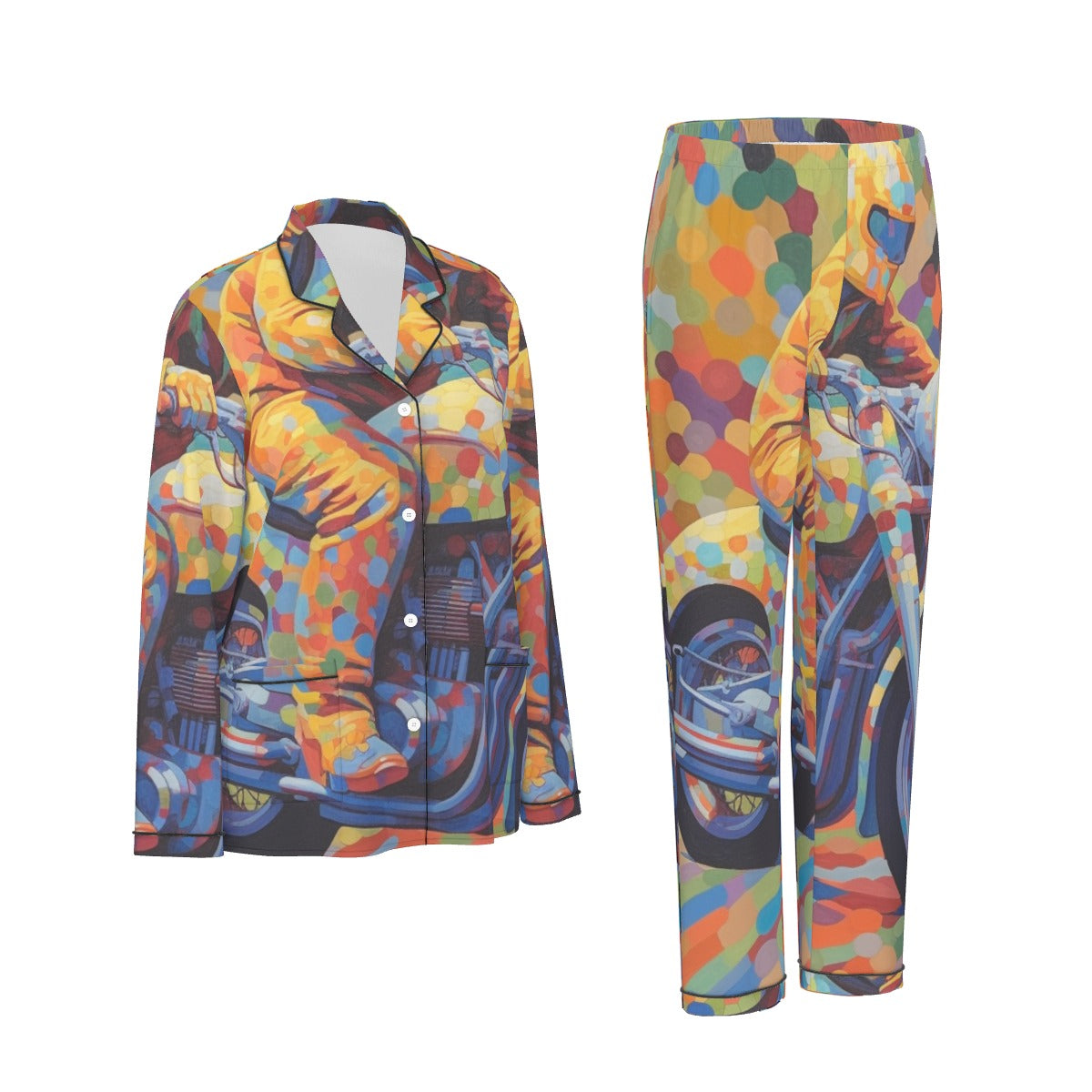 All-Over Print Women's Long Sleeve Pajama Set With Black Contrast Piping