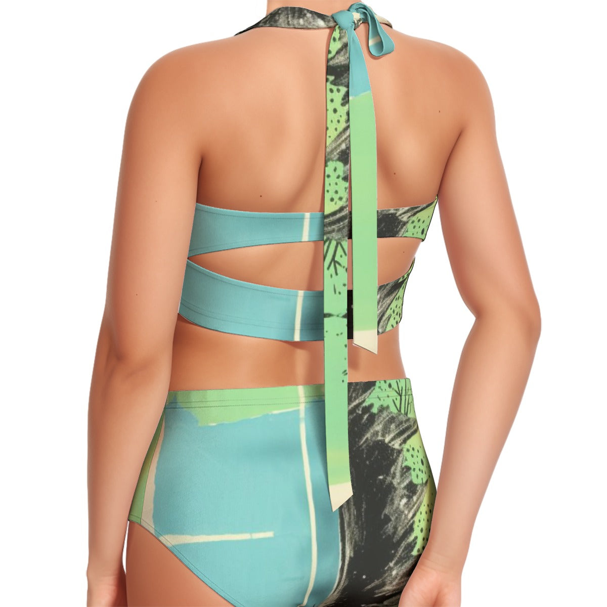 All-Over Print Women's Swimsuit Set With Halter