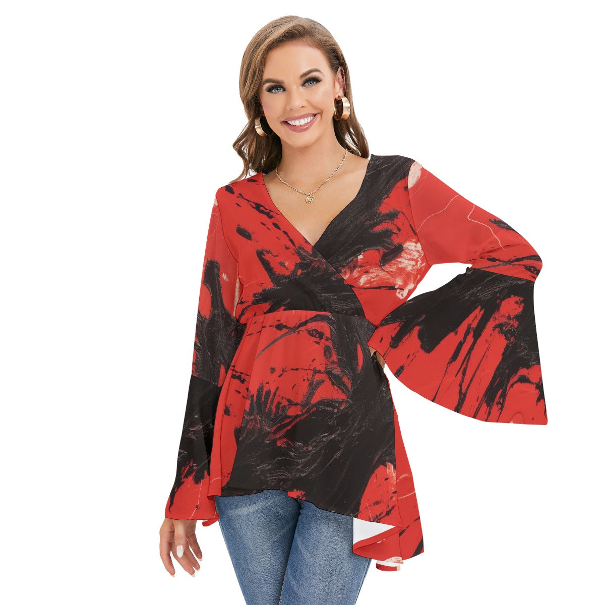 All-Over Print Women's V-neck Blouse With Flared Sleeves
