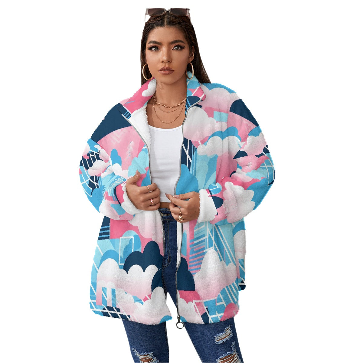 All-Over Print Unisex Borg Fleece Stand-up Collar Coat With Zipper Closure(Plus Size)