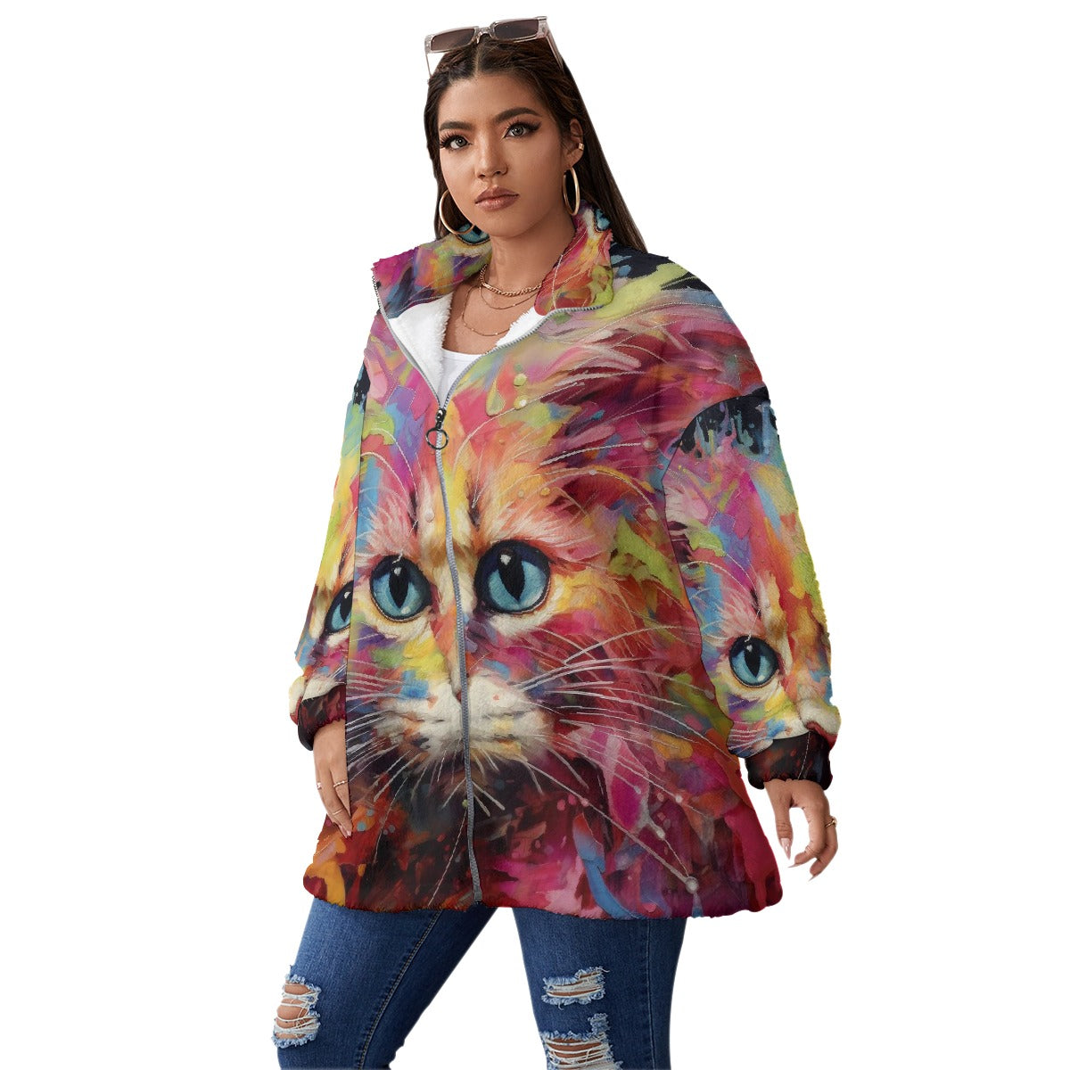 All-Over Print Unisex Borg Fleece Stand-up Collar Coat With Zipper Closure(Plus Size)