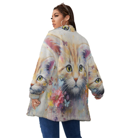 All-Over Print Unisex Borg Fleece Stand-up Collar Coat With Zipper Closure(Plus Size)