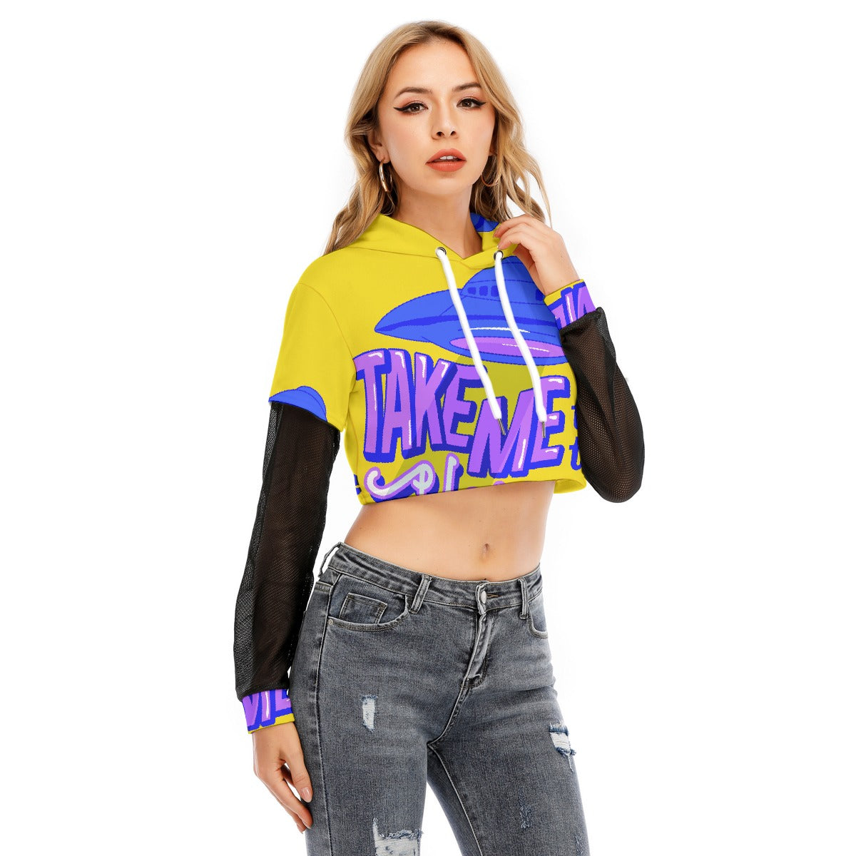All-Over Print Women's Fake Two-piece Mesh Sleeve Cropped Hoodie