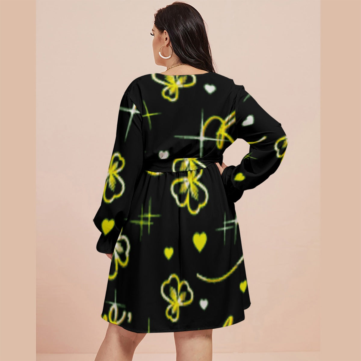 All-Over Print Women's V-neck Dress With Waistband(Plus Size)