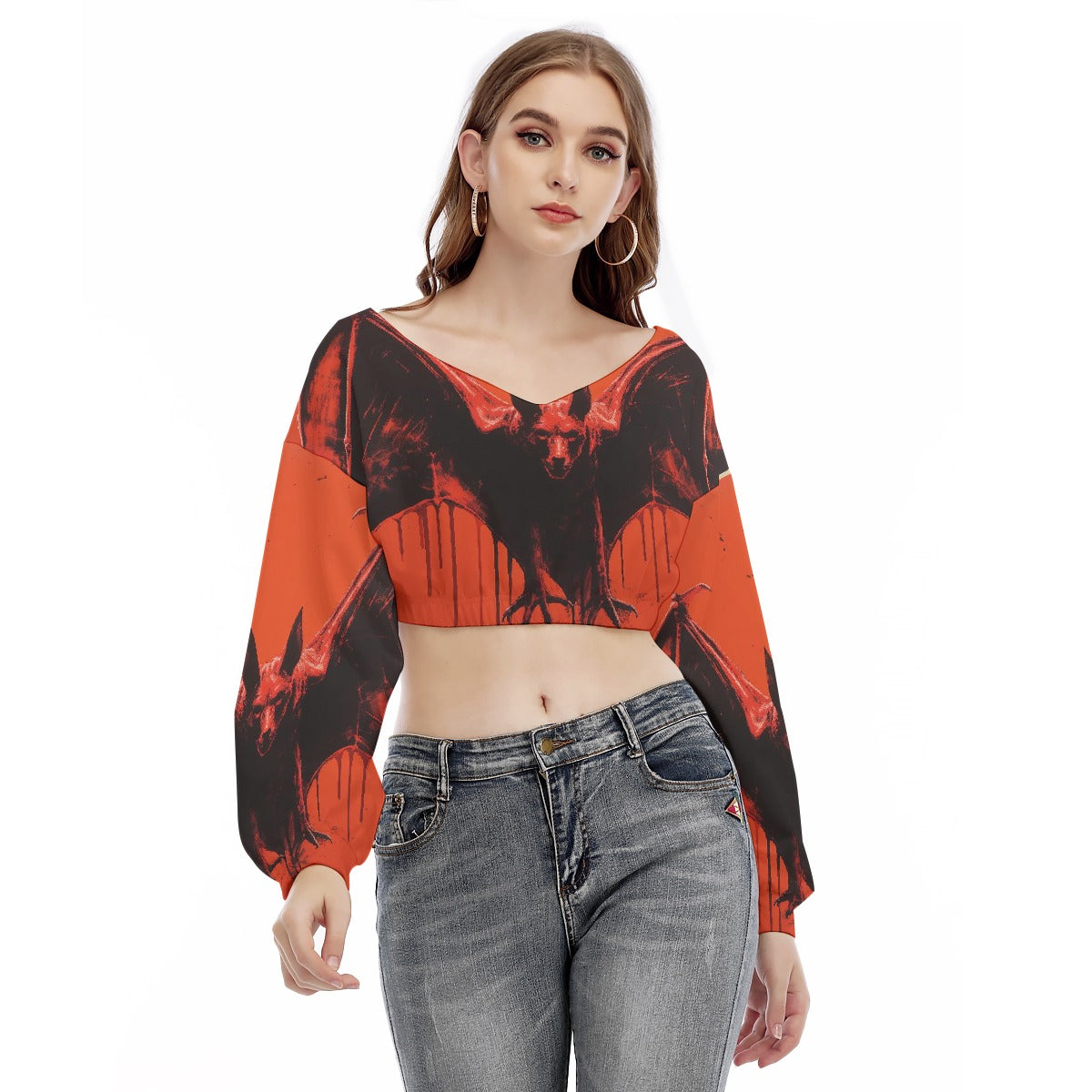 All-Over Print Women's V-neck Long Sleeve Cropped Sweatshirt