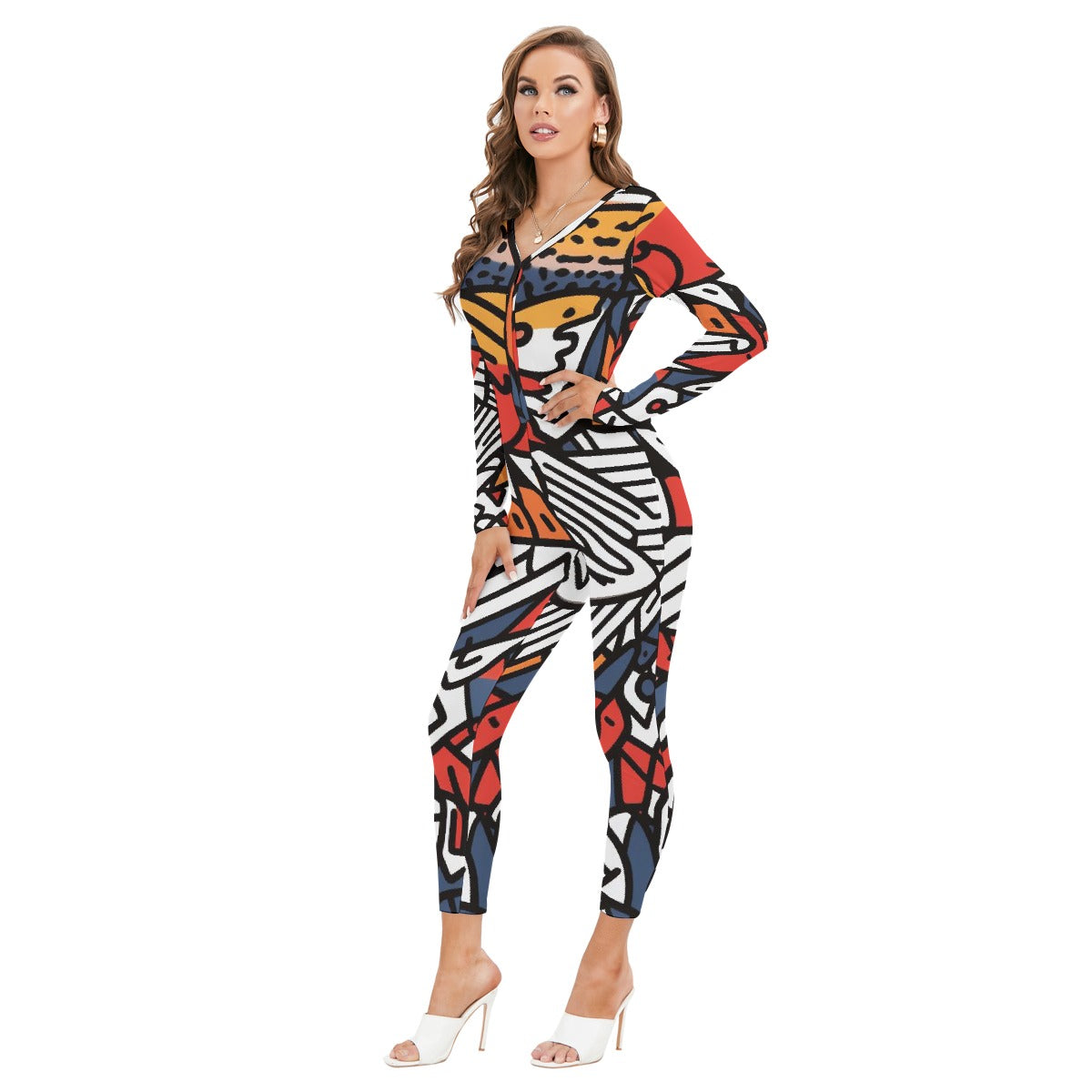 All-Over Print Women's Plunging Neck Jumpsuit