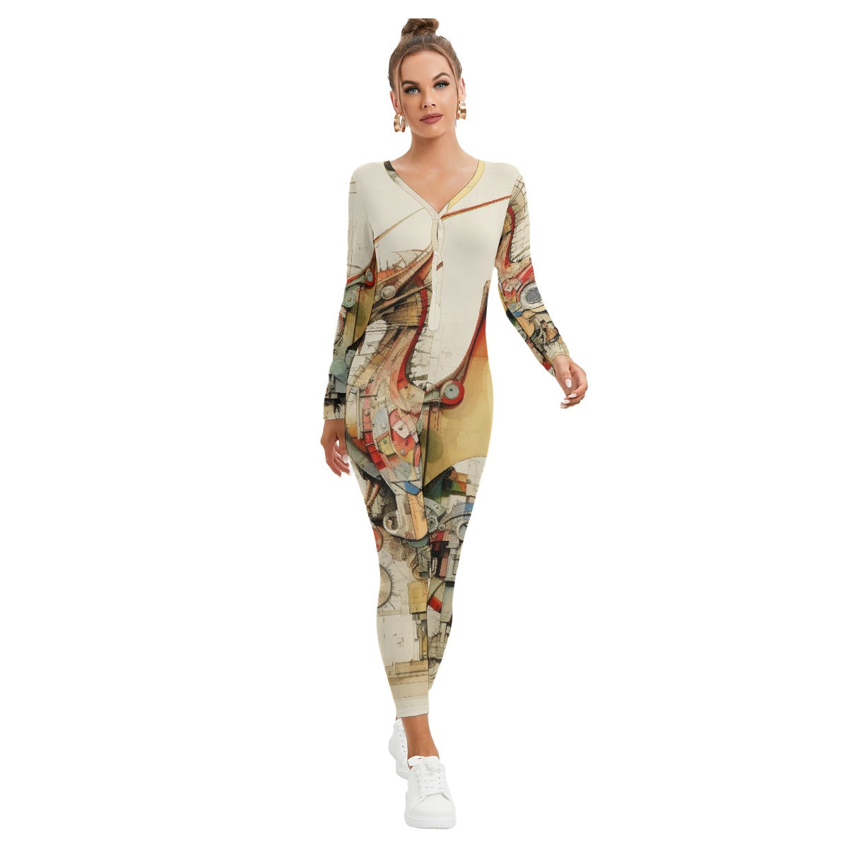 All-Over Print Women's Plunging Neck Jumpsuit