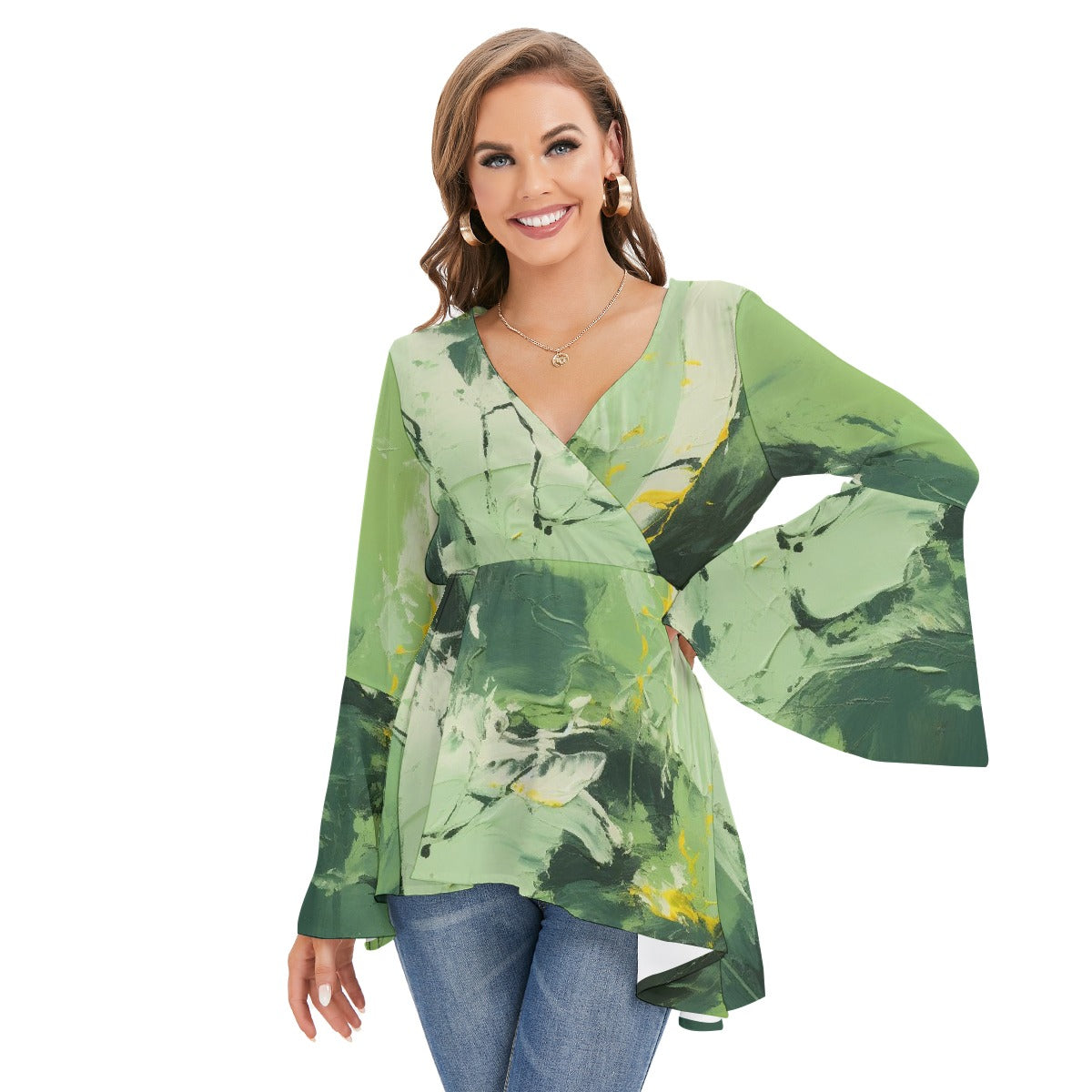 All-Over Print Women's V-neck Blouse With Flared Sleeves