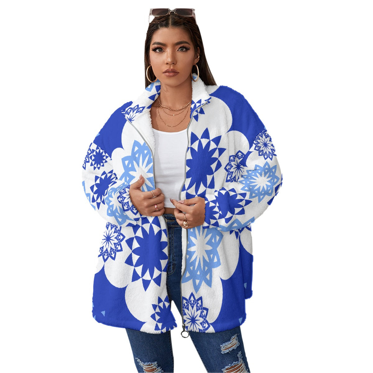 All-Over Print Unisex Borg Fleece Stand-up Collar Coat With Zipper Closure(Plus Size)