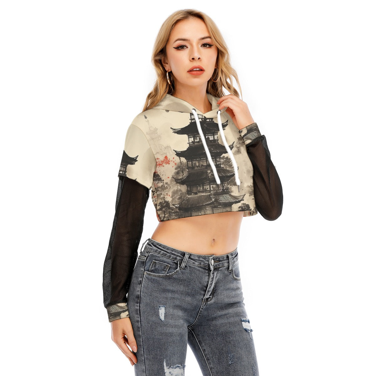 All-Over Print Women's Fake Two-piece Mesh Sleeve Cropped Hoodie