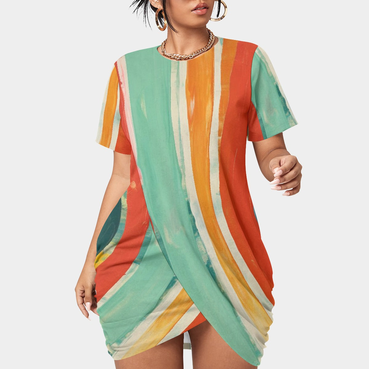 All-Over Print Women’s Stacked Hem Dress With Short Sleeve（Plus Size）