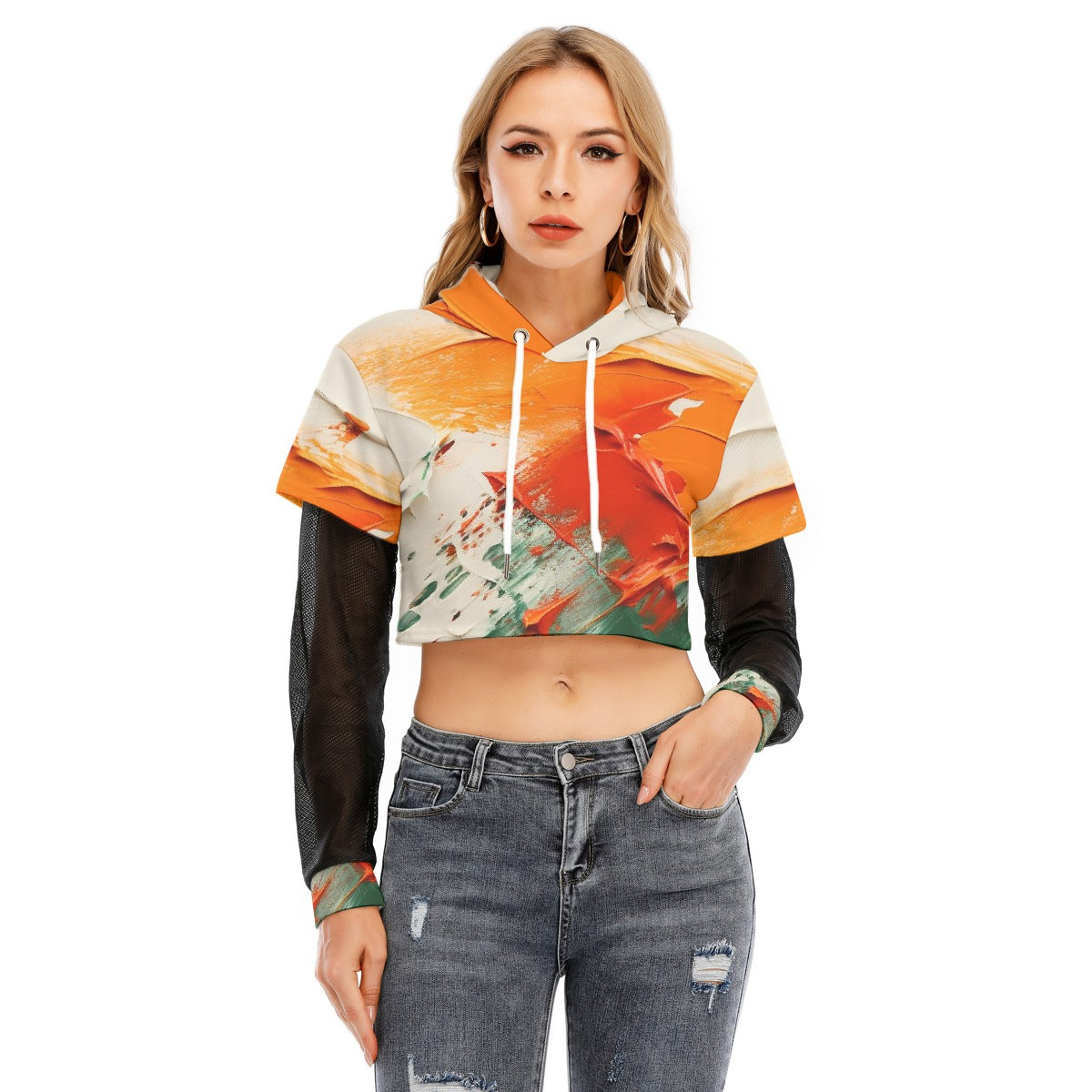 All-Over Print Women's Fake Two-piece Mesh Sleeve Cropped Hoodie
