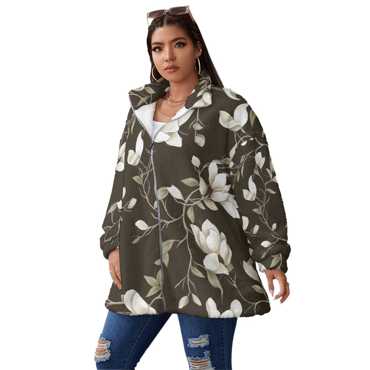All-Over Print Unisex Borg Fleece Stand-up Collar Coat With Zipper Closure(Plus Size)